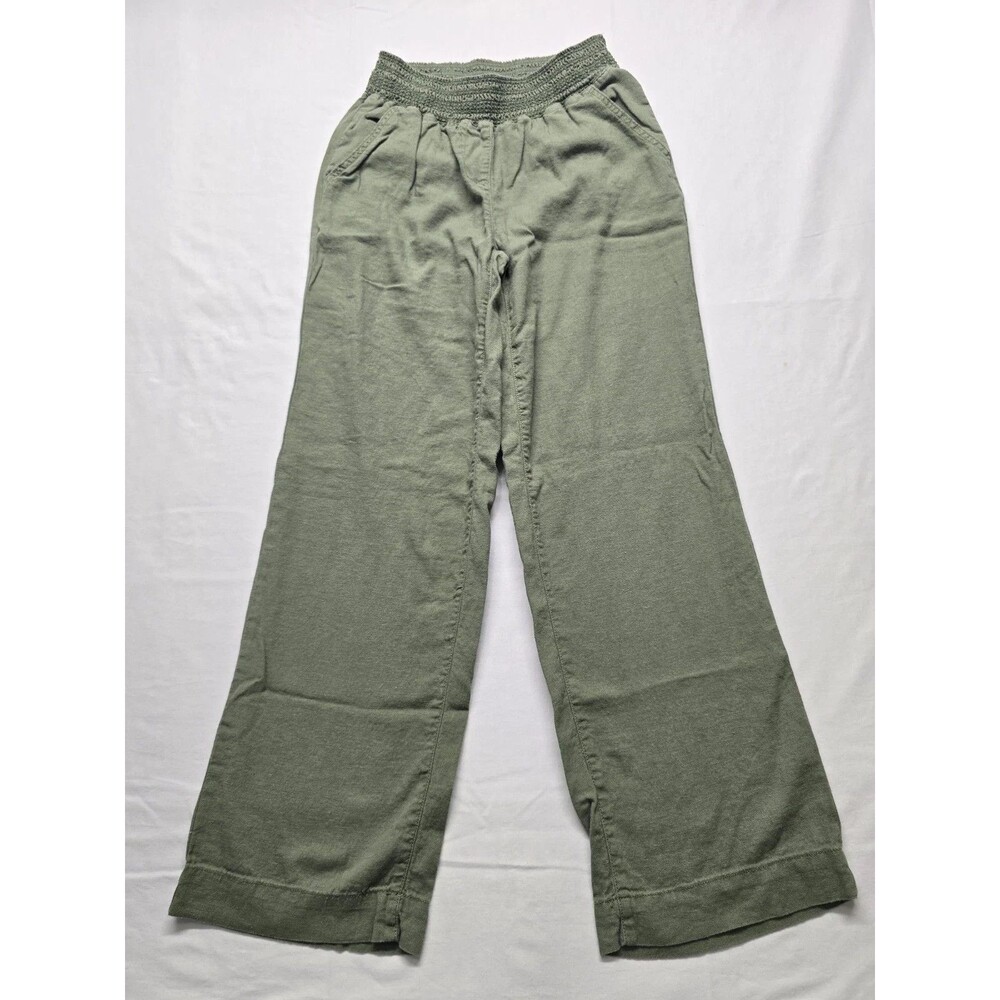 Briggs Pants Womens S Green Linen Blend Pull On Smocked Waist Straight Casual